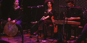 Seated trio performing onstage at Vienna’s WUK for International Women’s Day 2015—frame-drum player left, vocalist center, and santur player right—surrounded by microphones and cables under magenta stage lighting.