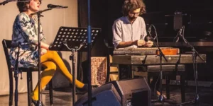 Vocalist and santur player performing live on stage at Sargfabrik’s Nowruz Festival, Vienna, March 2018.