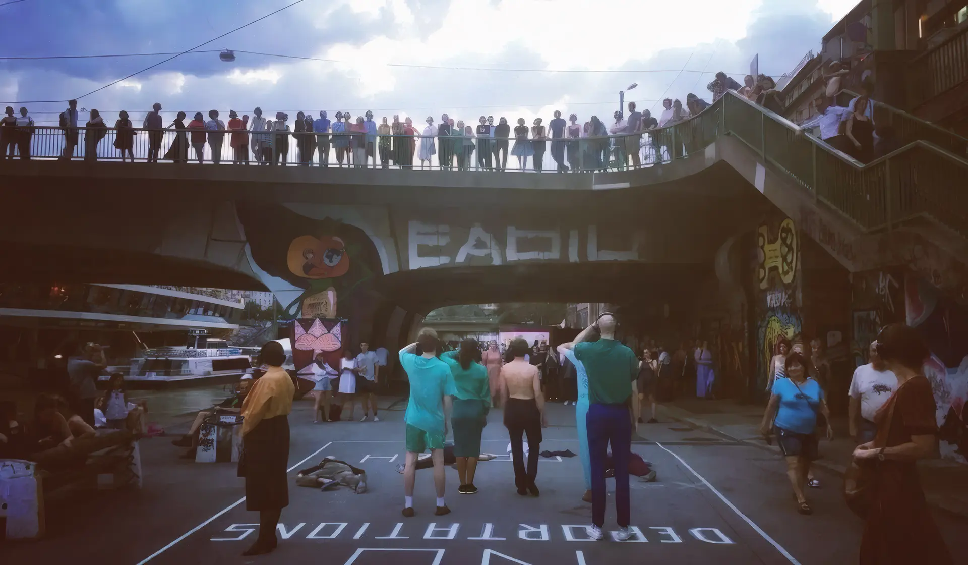 Outdoor performance for the theatre project Arash: a line of performers stands on a marked rectangle beneath a graffiti-covered bridge while crowds watch from the riverside and along the bridge railing above.